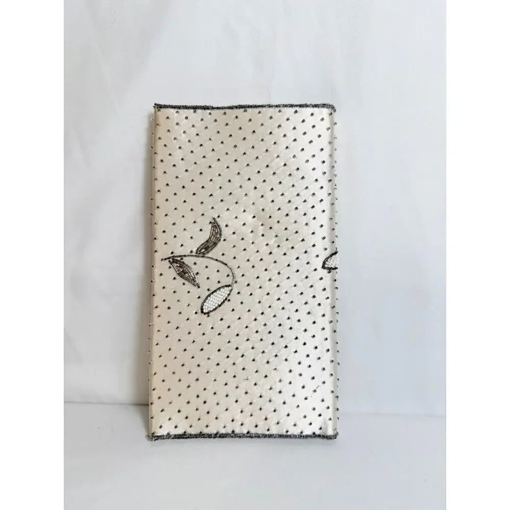 Vintage Mid Century Made in Japan Hand Beaded Floral Envelope Clutch Purse Ivory